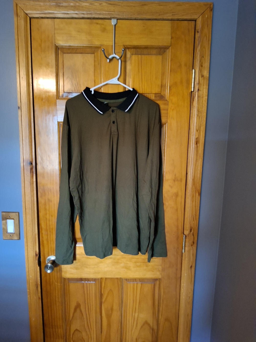 Olive Green Long Sleeve Polo with Contrast Collar